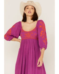 Free People Women's Wedgewood Embroidered Long Puff Sleeve Midi Dress -Country Clothing Store 2000374749 555 P2