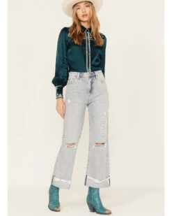 Ceros Women's Light Wash High Rise Distressed Wide Jeans -Country Clothing Store 2000379285 400 P1