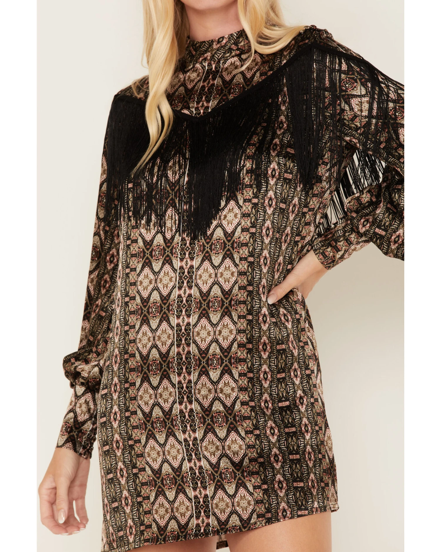 Shyanne Women's Long Sleeve Satin Fringe Mode Dress 5 Shyanne Women's Long Sleeve Satin Fringe Mode Dress - Image 3