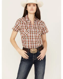 Rough Stock By Panhandle Women's Plaid Print Stretch Short Sleeve Western Snap Shirt -Country Clothing Store 2000385044 220 P1