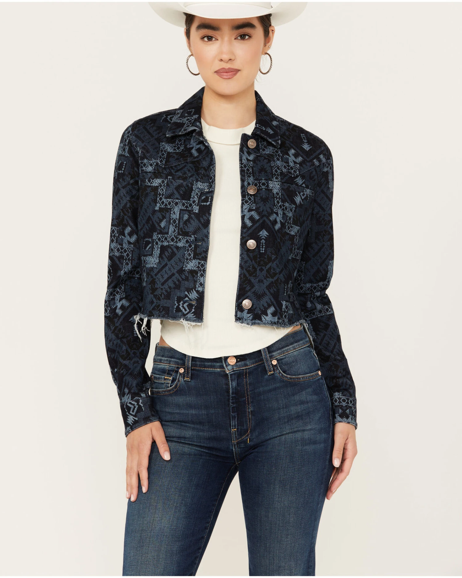 Shyanne Women's Printed Cropped Frayed Jacket 3 Shyanne Women's Printed Cropped Frayed Jacket