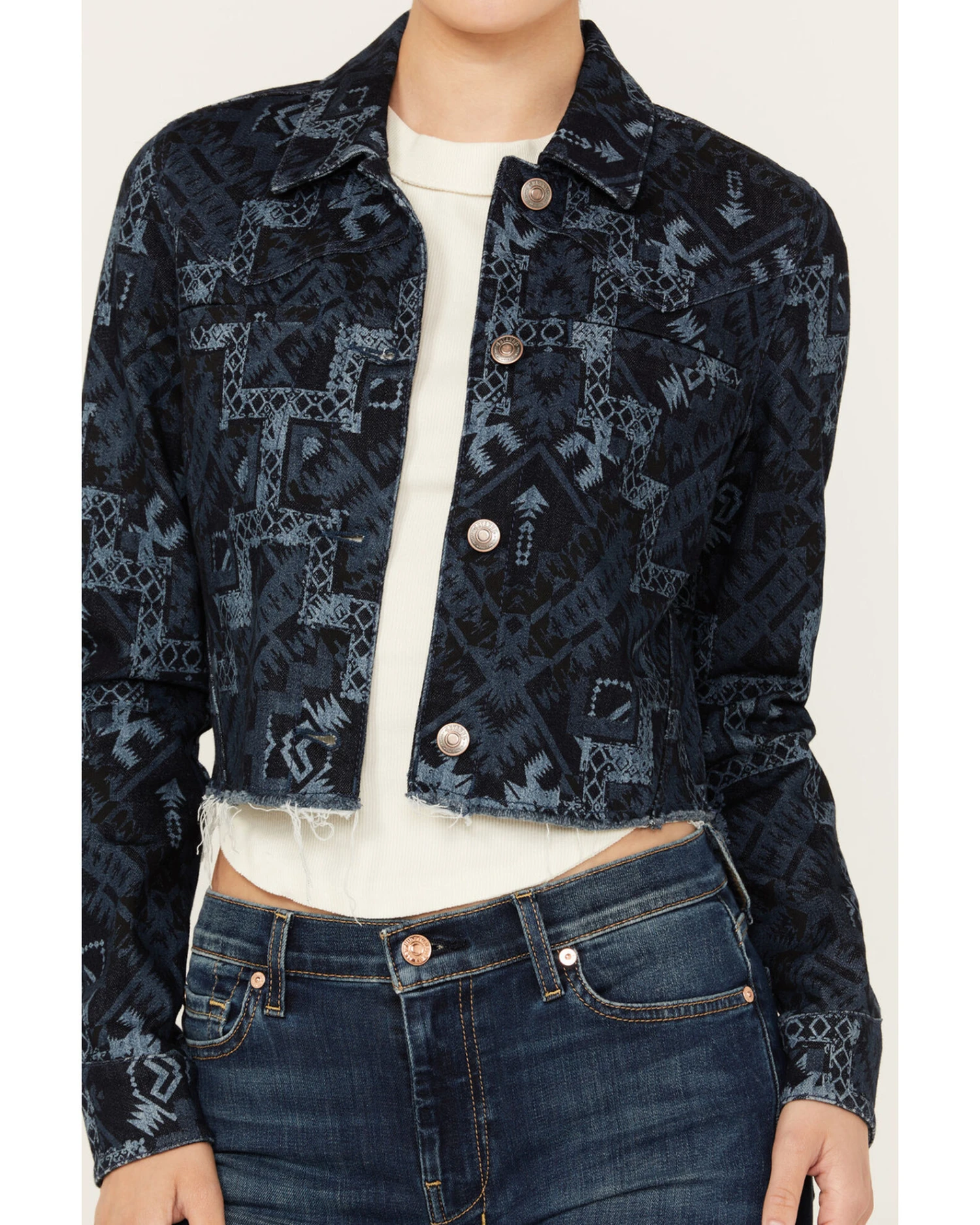 Shyanne Women's Printed Cropped Frayed Jacket 4 Shyanne Women's Printed Cropped Frayed Jacket - Image 2