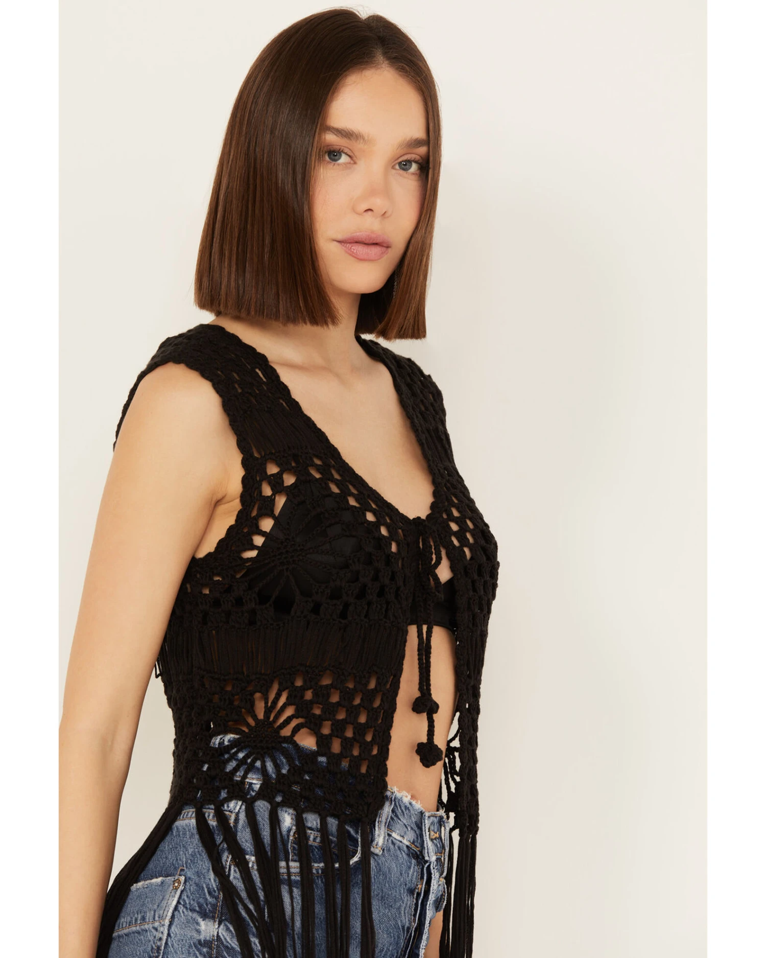 Rock & Roll Denim Women's Crochet Fringe Sleeveless Vest 4 Rock & Roll Denim Women's Crochet Fringe Sleeveless Vest - Image 2