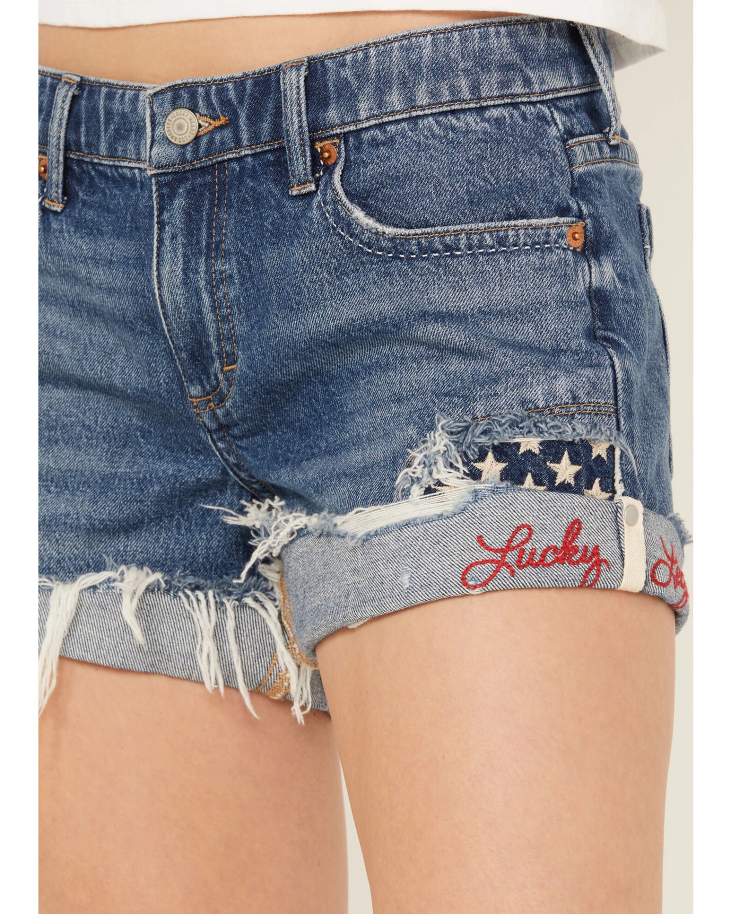 Lucky Brand Women's Medium Wash Seeing Stars Low Rise Distressed Shorts 3 Lucky Brand Women's Medium Wash Seeing Stars Low Rise Distressed Shorts