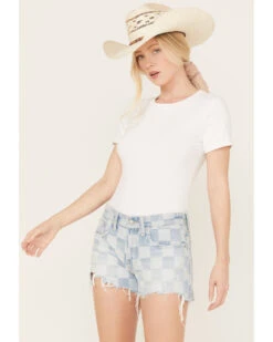 Lucky Brand Women's Light Wash Speedway Checkered Mid Rise Distressed Shorts -Country Clothing Store 2000388111 412 P1