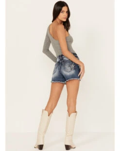 Miss Me Women's Dark Wash High Rise Star Paisley Patch Print Frayed Shorts -Country Clothing Store 2000388609 401 P3