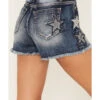 Miss Me Women's Dark Wash High Rise Star Paisley Patch Print Frayed Shorts