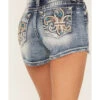 Miss Me Women's Medium Wash Mid Rise Leather Fleur De Lis Denim Shorts -Country Clothing Store 2000388610 414 P2