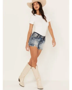 Miss Me Women's Medium Wash Mid Rise Leather Fleur De Lis Denim Shorts -Country Clothing Store 2000388610 414 P3