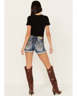 Miss Me Women's Dark Wash Mid Rise Wing Feather Double Roll Hem Shorts -Country Clothing Store 2000388618 401 P1