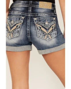 Miss Me Women's Dark Wash Mid Rise Wing Feather Double Roll Hem Shorts -Country Clothing Store 2000388618 401 P2