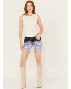 Grace In LA Women's Medium Wash Mid Rise Two Toned Floral Frayed Hem Denim Shorts 7 Grace In LA Women's Medium Wash Mid Rise Two Toned Floral Frayed Hem Denim Shorts -Country Clothing Store 2000388998 400 P1