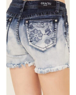 Grace In LA Women's Medium Wash Mid Rise Two Toned Floral Frayed Hem Denim Shorts 9 Grace In LA Women's Medium Wash Mid Rise Two Toned Floral Frayed Hem Denim Shorts -Country Clothing Store 2000388998 400 P4