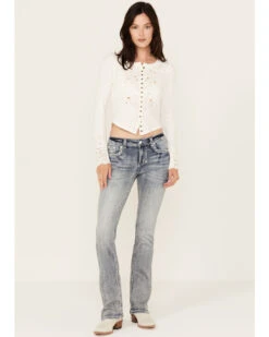 Grace In LA Women's Light Wash Mid Rise Floral Motif Pocket Bootcut Jeans -Country Clothing Store 2000393315 412 P3